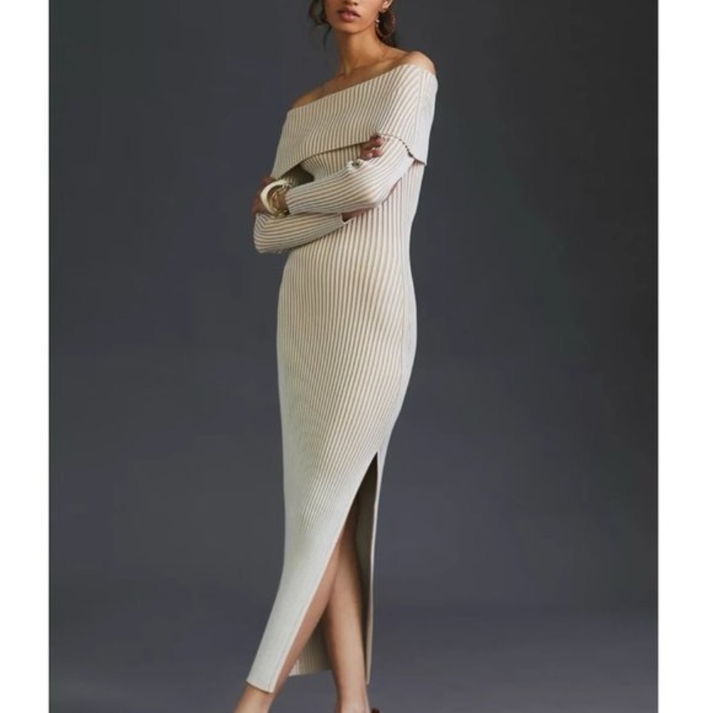 By Anthropologie Off-the-Shoulder Ribbed Sweater Maxi XL